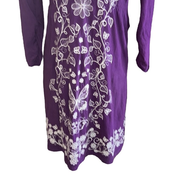 Johnny Was Purple Embroidered Floral Butterfly Long Ruched Sleeve Knit Dress - M - Picture 3 of 10